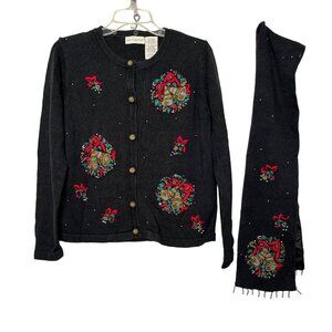 White Stag Women's SM Cardigan Sweater w/Scarf Ugly Christmas Holiday Sweater